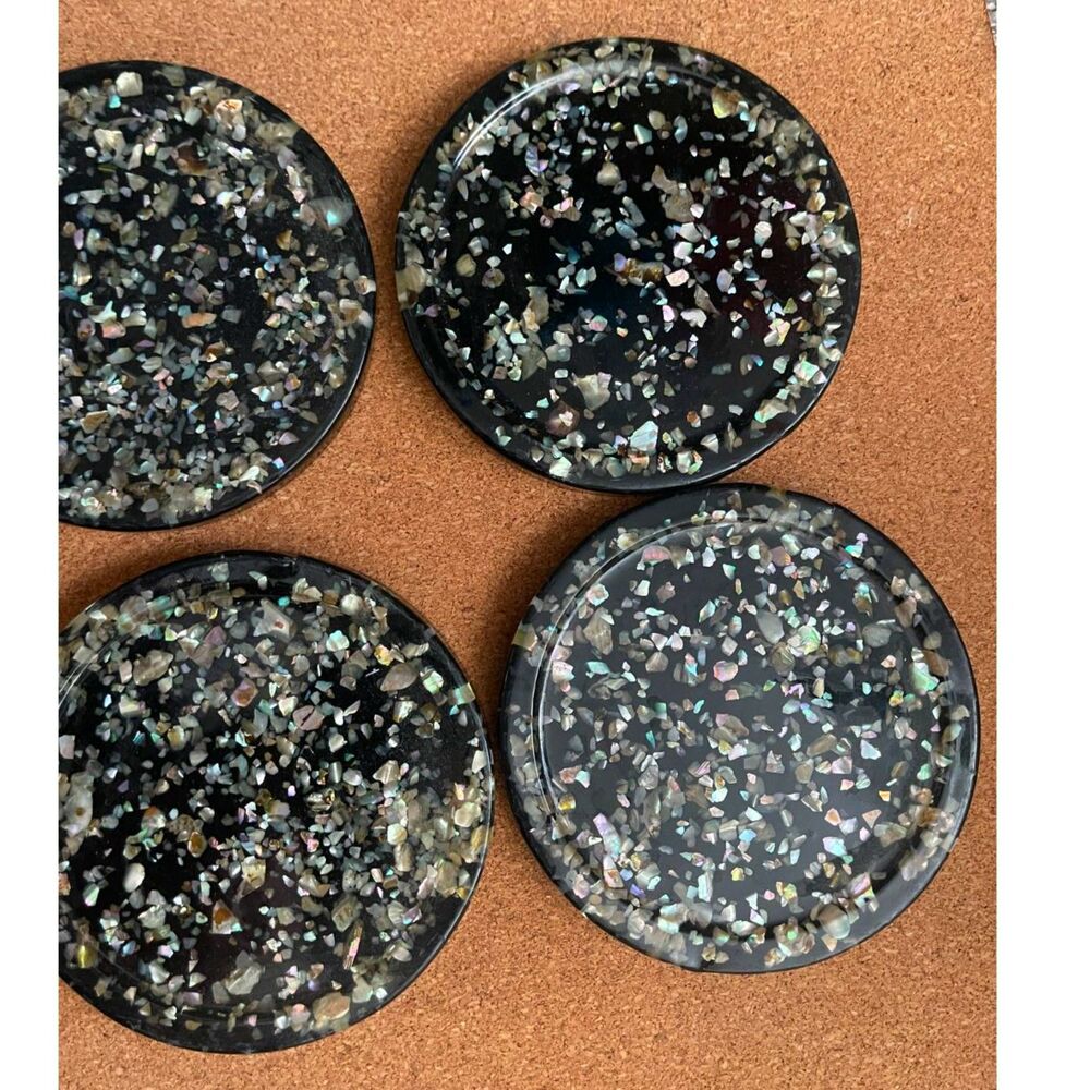 Vtg Set 6 Retro Abalone Shell Coasters, MCM Lucite Black Resin 4” Decor Handmade - Picture 3 of 7